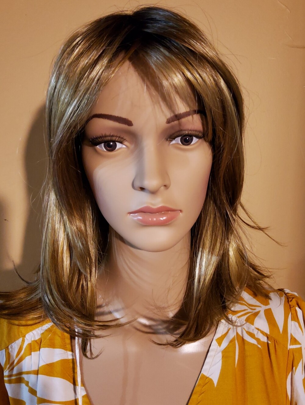 Sleek Light Brown With Blonde Hilights Layered Wig with Face-Framing Layers